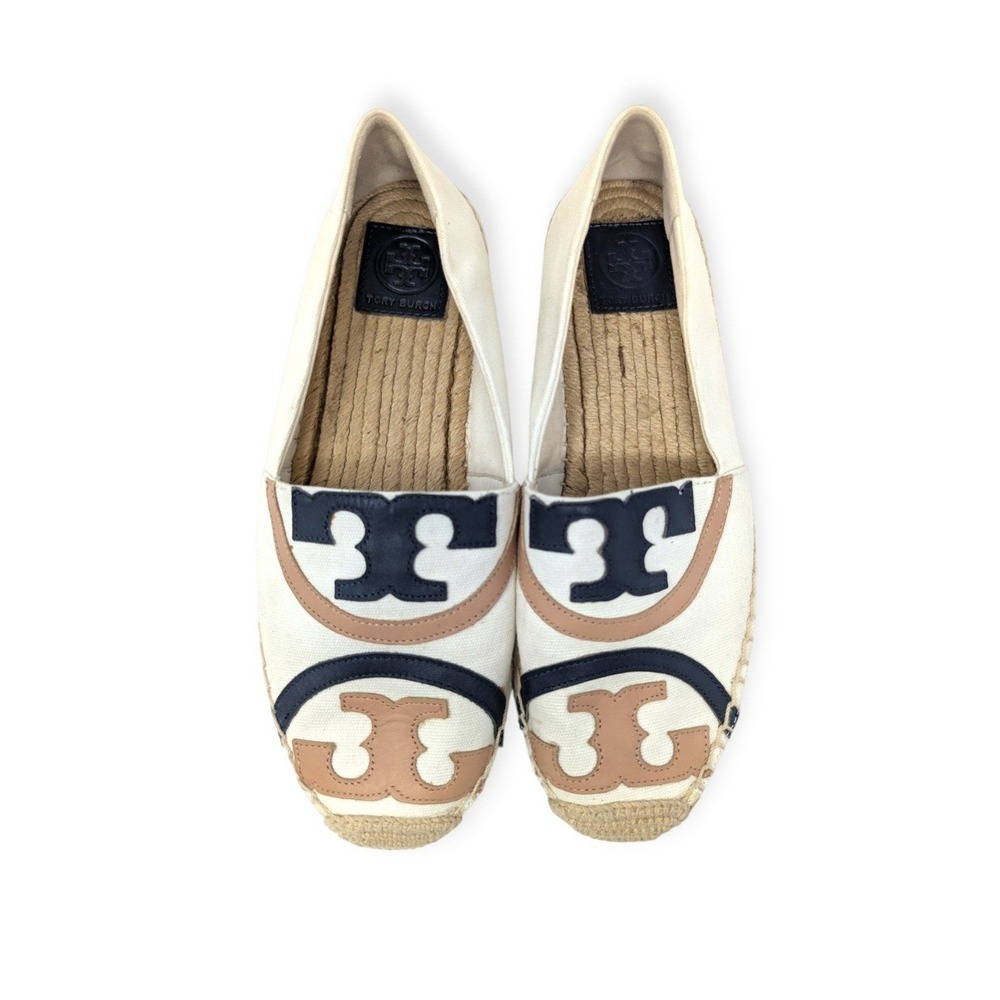 Tory Burch Ivory Canvas Navy Tan Leather Logo Espadrille Flats US 9